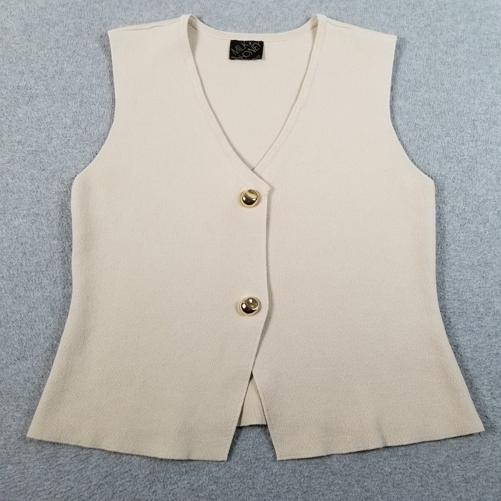 Milk & Honey Sweater Vest Womens L Large Beige Gold Button V-Neck Knit Stretch